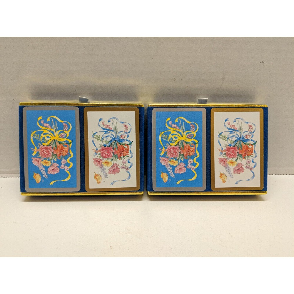 Lot of 2 Vintage Double-Deck Congress Playing Cards Flowers & Ribbons